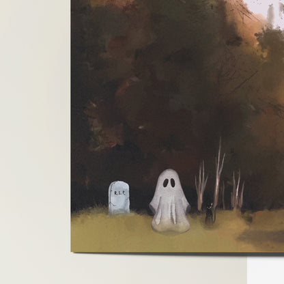 Illustrated Halloween Spooky Ghost Painting Postcard