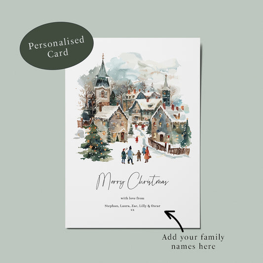 Personalised Vintage Snowy Christmas Village with Custom Text Christmas Card