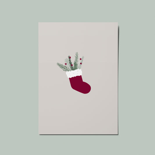 Christmas Stocking With Winter Foliage Illustrated Christmas Card